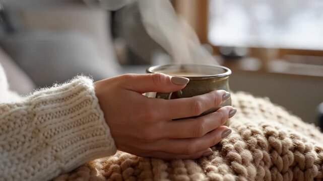 Cozy moment enjoying a warm beverage on a cold day with a steaming mug in hand and a chunky knit blanket