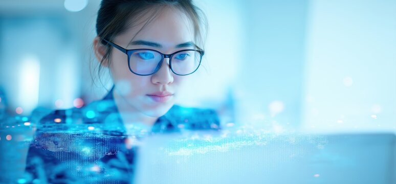 Young Asian woman wearing glasses and concentrating on a laptop screen with data and technology interface overlay - Powered by Adobe