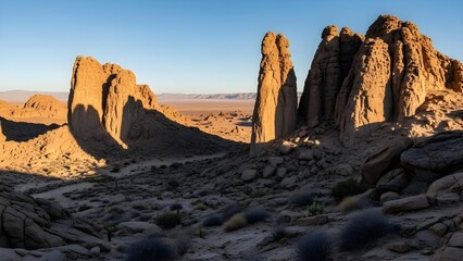Obraz premium Massive rock pillars rise from a barren desert landscape, showcasing erosion, geological history, and dramatic natural forms.