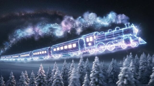 Magical glowing train soaring through a winter wonderland under a starry night sky.
