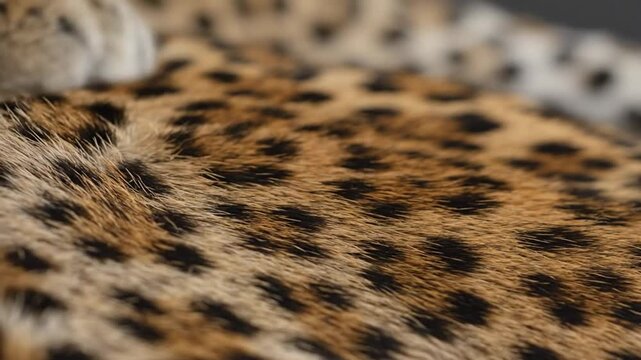 Close-up of leopard fur texture with paw gently touching the spotted animal skin providing ASMR experience