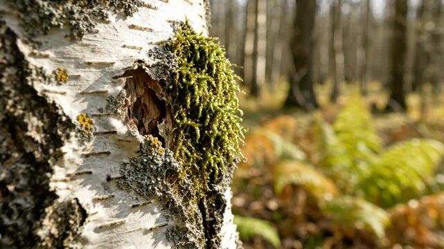 Close up of a birch tree with moss and lichens in a sunlit forest nature scene, a serene outdoor setting.