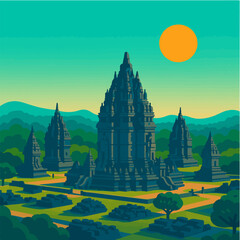 Illustration of an ancient temple complex in a green landscape suitable for travel and cultural themes © Mas Muads