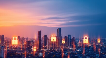 Digital locks connecting modern city buildings, representing cybersecurity, data protection, and network safety across an urban landscape
