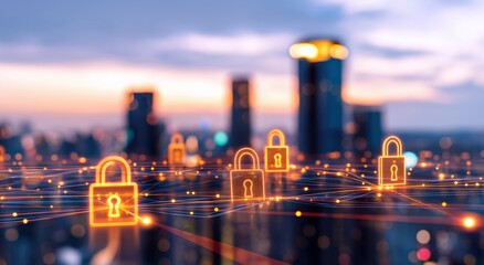 Glowing padlocks connecting with lines and dots over a blurred urban landscape at dusk, symbolizing digital privacy and network security