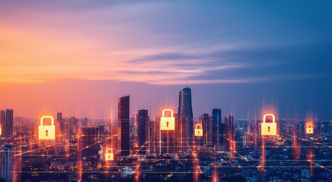 Digital locks connecting modern city buildings, representing cybersecurity, data protection, and network safety across an urban landscape