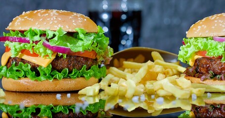 Delicious Burger Feast, Hearty American Style Cheeseburgers Served With Crispy Fries And Fresh Toppings