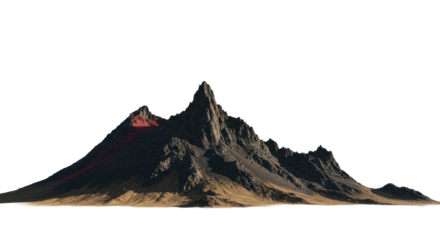 Jagged volcanic mountain peaks of dark textured basalt, dramatically lit with hard studio strobes, isolated on fine sand against transparent copy space. Concept for travel advertising
