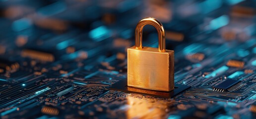 Padlock symbolizing protection and security for sensitive data and private information on a futuristic electronic circuit board