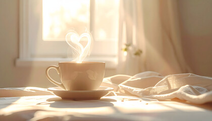 Steaming Cup of Coffee in Morning Sunlight.