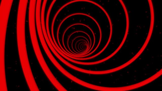 Abstract red neon glowing spiral tunnel with flying particles on black background motion loop