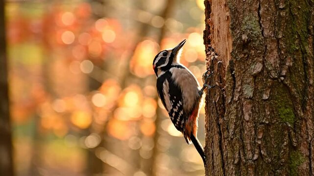 Great spotted woodpecker perched on a tree trunk pecking wood against a vibrant autumn bokeh background