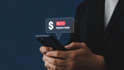Businessman holding phone with payment failed notification on screen, error message displayed