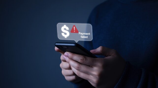 Person holding smartphone with payment failed notification on screen in dark background
