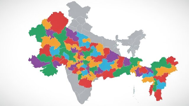 Colorful Map of India Divided into States and Regions, Concept of Geography and Travel