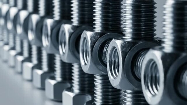 Close-up of a row of l bolts and nuts, industrial hardware components.