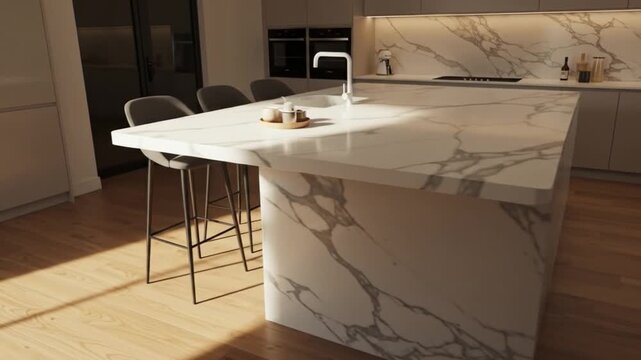 Modern kitchen with a large marble island, complete with a sink, and three metal chairs, set against a backdrop of wooden floors and warm lighting. Perfect for home decor, interior design,