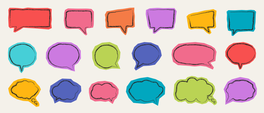 Set of speech bubbles and dialog thoughts in a torn paper collage style with ripped edges.