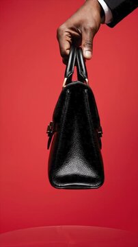 Darkskinned hand holds black structured handbag against red backdrop. Suitable for fashion, accessories, luxury, and lifestylethemed designs.