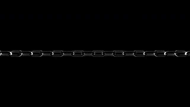 3D rendering of a long rotating chain with rim lighting. Wide shot seamless loop.