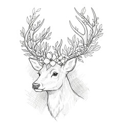 Fototapeta premium Deer head with floral antlers, sketch illustration