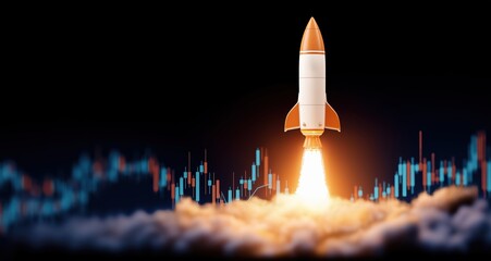 Rocket taking off from a financial candlestick chart, symbolizing rapid market growth, success, startup launch, and investment boost
