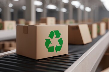 Recycled cardboard box with green symbol moving along a manufacturing conveyor belt, representing sustainable logistics and eco-friendly packaging