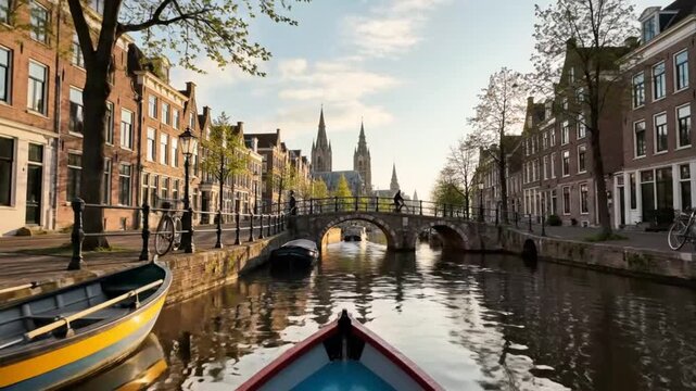 Scenic canal boat tour passing historic buildings and bridges in the Dutch city of Haarlem on a sunny day