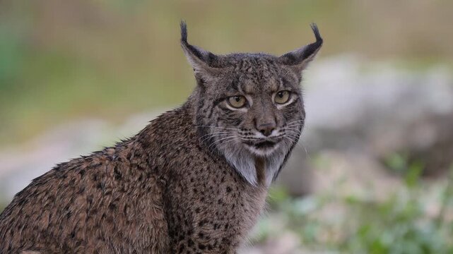 A majestic Iberian lynx (Lynx pardinus) sits perched on large, moss-covered rocks. It calmly surveys its surroundings near a waterfall, showcasing its beautiful spotted fur and signature ear tufts. 