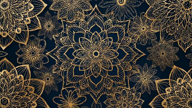 Golden Floral Mandala Frame on Dark Blue Background.