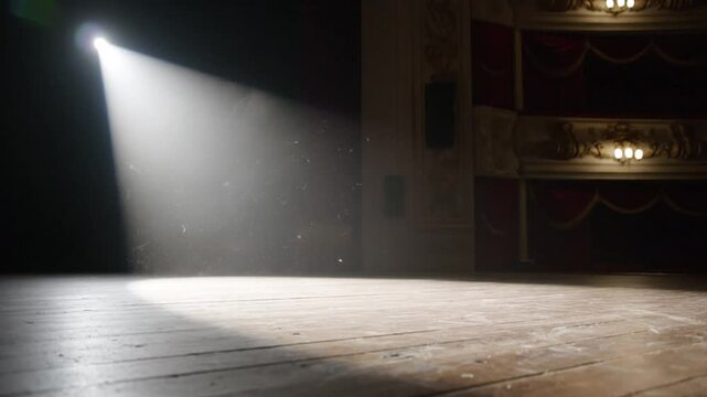 Empty Stage Scene with a Dramatic Spotlight Illuminating the Wooden Floor and Dust Particles