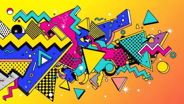 Retro 80s Memphis Design Pattern, Geometric Shapes, Abstract Background, Vibrant Colors
