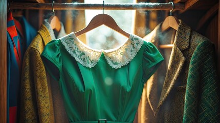 Elegant Green Vintage Dress with White Lace Collar Hanging on Wooden Hanger