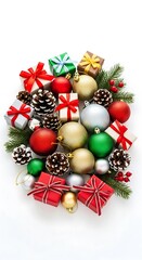Festive Christmas Ornament Arrangement with Gifts and Pinecones.