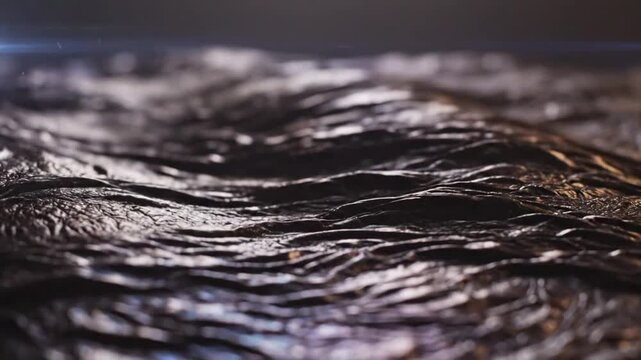 Abstract macro shot of undulating dark liquid with highlights, creating a textural wave effect and fluid motion