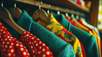Organized Stack of Colorful Vintage Knitted Sweaters and Patterned Fabrics on Shelf