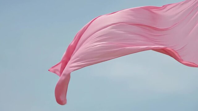 Elegant pink silk fabric flowing gracefully against a serene blue sky background.