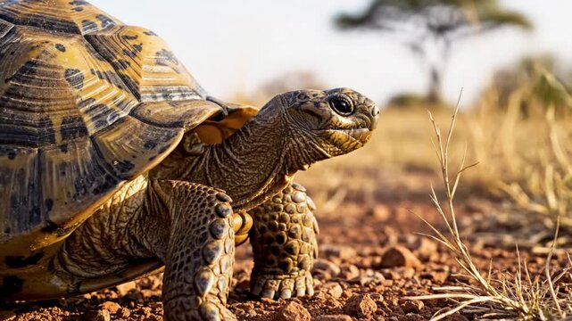 Low-angle shot of a tortoise with a patterned shell on a sunny day in its natural habitat walking slowly