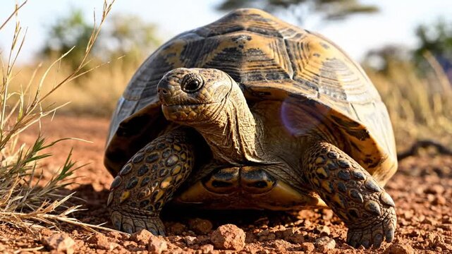 Close-up of a tortoise emerging from its shell, cautiously exploring the sun-baked earth of the savanna