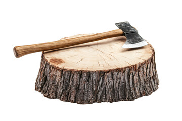 Vintage axe resting on a wooden stump, evoking a sense of rustic simplicity and connection to nature