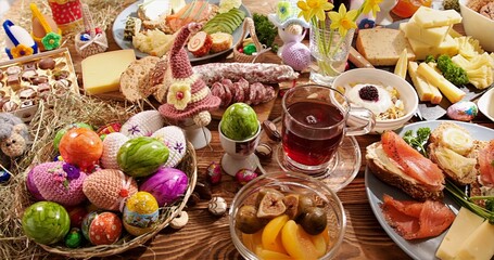 Bright Seasonal Table Setting, Lively Holiday Meal Scene Featuring Decorated Eggs And Sweet Treats