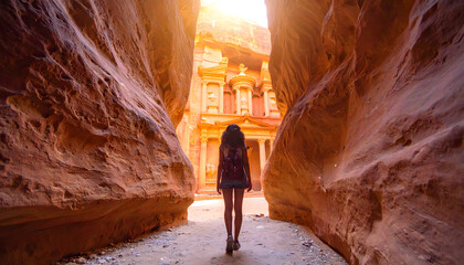 The woman is in a gap between the rocks before heading to the city