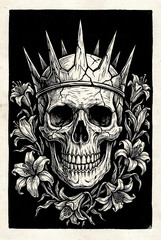 Obraz premium Regal Skull Wearing Royal Crown with Flowers Memento Mori Art