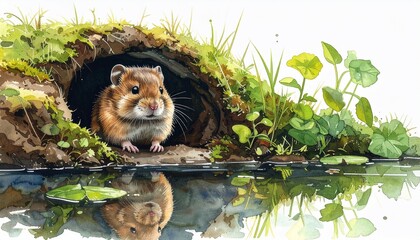 A curious rodent peers from its burrow, reflected in calm water. Lush foliage surrounds