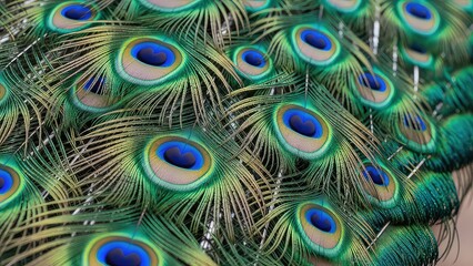Obraz premium Beautiful feathers of male green peafowl / peacock (Pavo muticus)