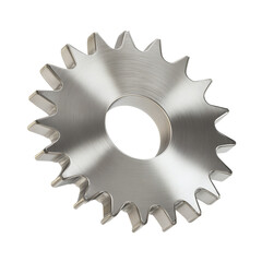 A shiny metal gear wheel with sharp teeth, representing industrial machinery and mechanical engineering