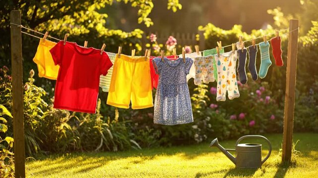 Clothesline of colorful laundry hanging outside in a sunny garden with a watering can on the grass