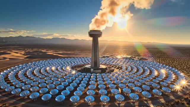 Solar energy power plant in desert with sun rays and tall central tower producing sustainable electricity