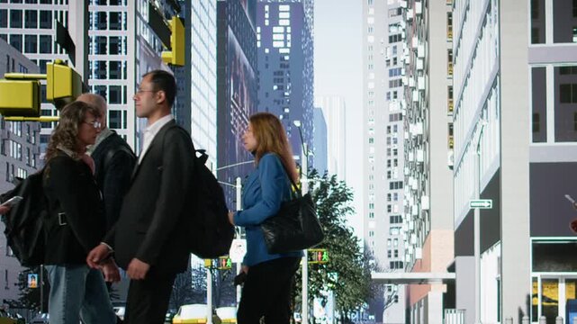 Dramatic downtown street crime scene with snatch and assault in progress, helpful witnesses show empathy and courage protecting the victim and fighting the bandit, big city life. Camera A.