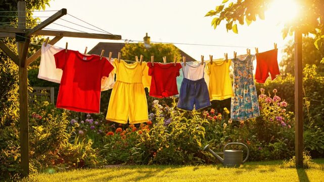 Clothesline of Colorful Children's Clothing Drying Outdoors in the Warm Sunlight of a Sunny Day